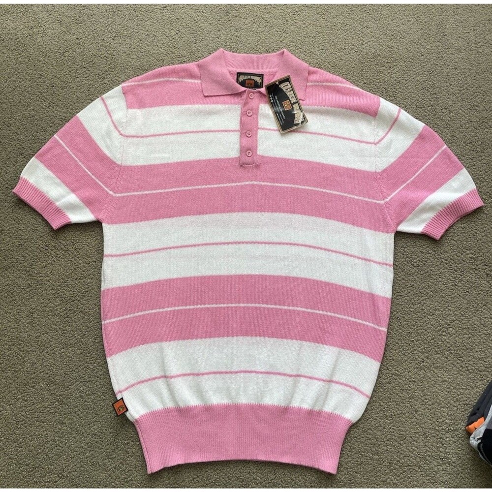FB County Charlie Browns Knit Polo Mens L Pink White Stripe NWT
